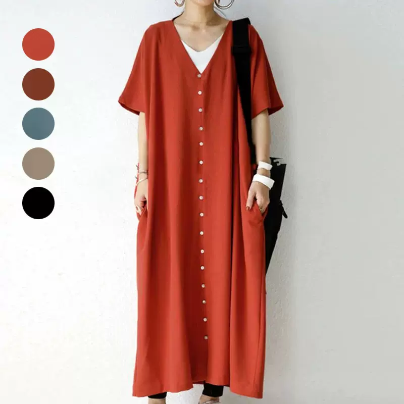 乐天2021夏季新款短袖V领宽松连衣裙3色衬衫长裙外贸亚马日韩新品