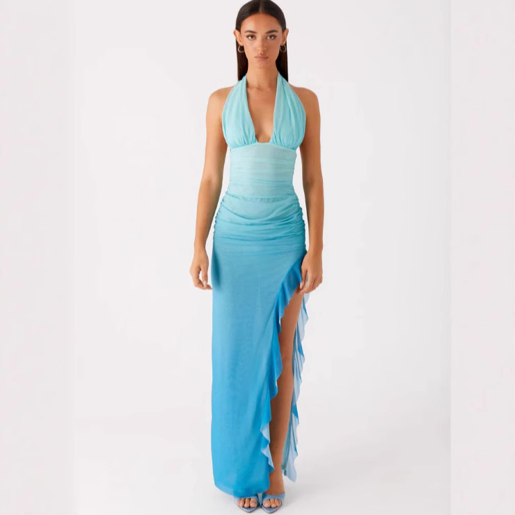 Amazon Spring and Summer 2025 New Slim-fit Neck Long Dress European and American Style Sexy V-neck Ruffle Split dress