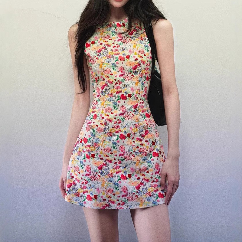 Hot Summer Red Floral Vest Dress Women's Summer Round Neck Slim Waist Sleeveless Short Skirt