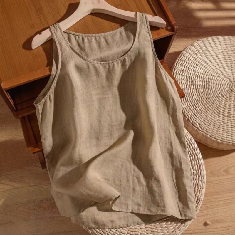 Solid Color Ramie Vest for Women, Loose-Fitting Camisole for Outerwear, Cotton and Linen Top