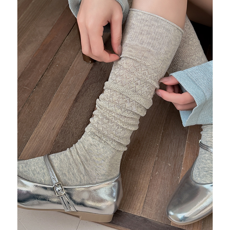 Ballet-Style Calf Socks for Women, Spring and Summer Models, Solid Color Thin Mesh Cotton Socks, Gray Miu-Style Long Socks, Slouch Socks