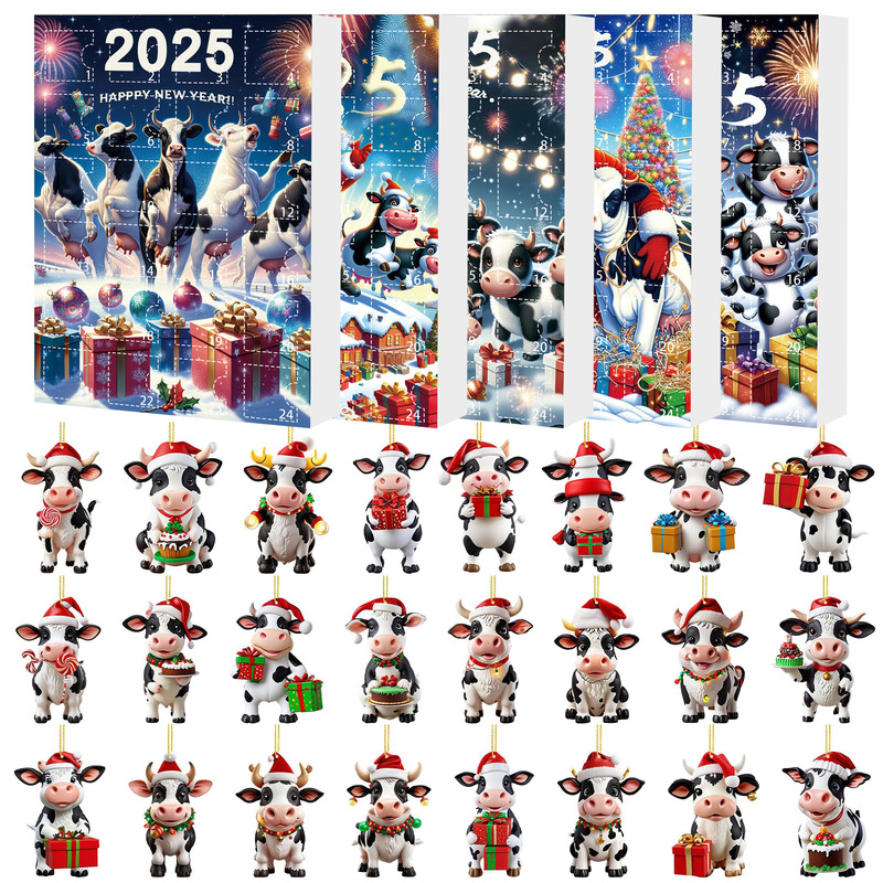跨境2025圣诞降临倒计时盲盒 圣诞老人奶牛农场挂件圣诞树装饰品|undefined