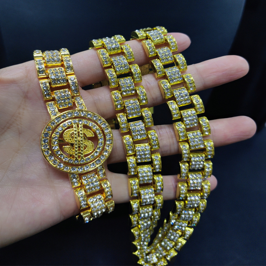 Men's Full Diamond 16MM Tank Chain Rotating Dollar Bracelet Necklace Set Hip Hop Fashion Jewelry_voghion.com