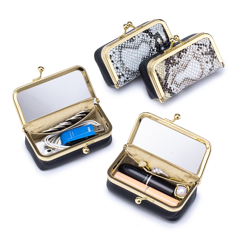 New stylish genuine leather lipstick mirror bag for women, portable fashion ring, necklace, earring jewelry box, and coin purse