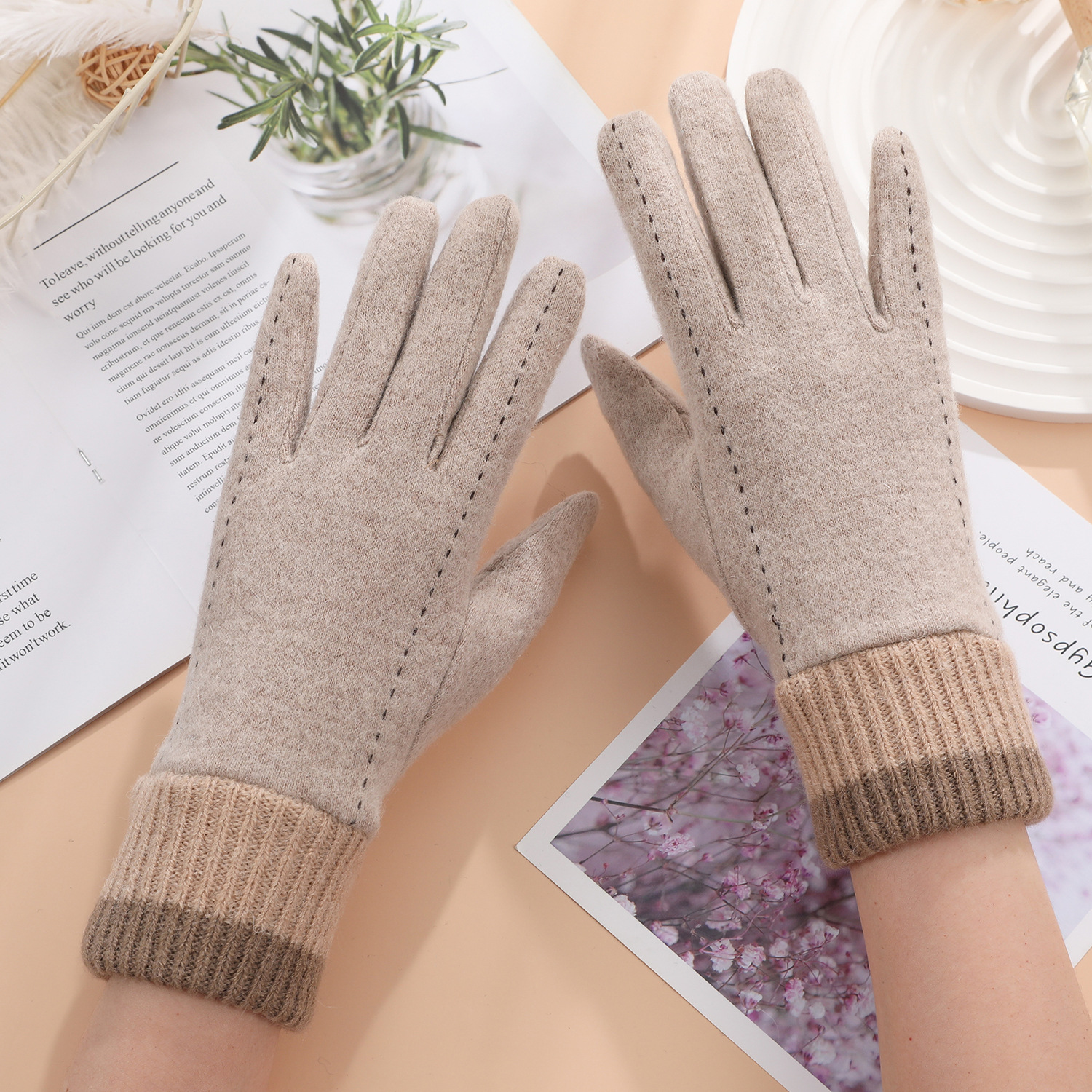 保温手袋レディースウール韓国版運転防寒ベルベット厚手アウトドア防風騎乗冬タッチパネル手袋