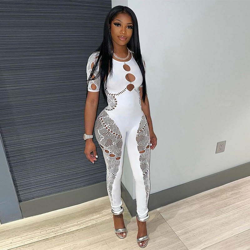 European and American New 2023 Women's Autumn Solid Color Hanging Neck Sleeve Hollow Diamond Sexy Slim-fit High Waist Lace Jumpsuit