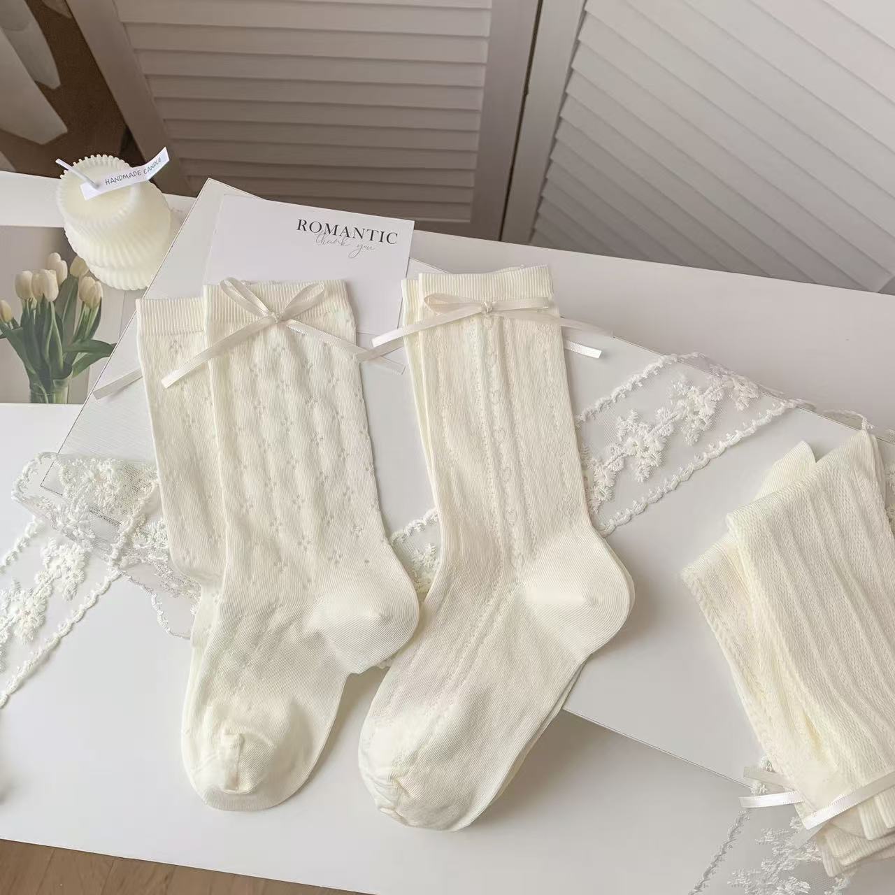 Romantic Coquette Cream Cotton Heart Pointelle Crew Socks with Satin Bows Detail View 1