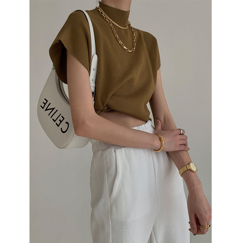 Francés delgado chaleco de punto de cuello medio alto chaleco de mujer camiseta suelta 2023 nuevo estilo corto de manga corta verano