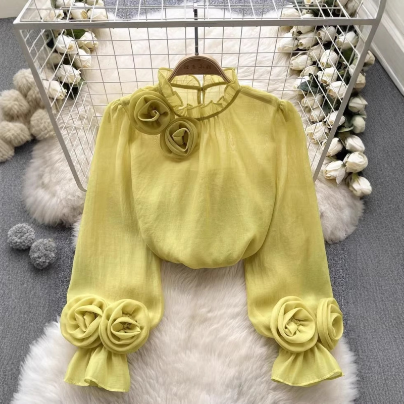 French-Style Women's Shirt with Unique Design, 3D Floral Puff Sleeves, Youthful and Versatile, Solid Color Chiffon Long-Sleeve Top
