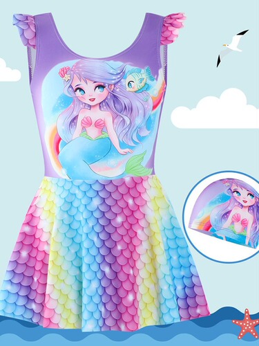 Cartoon Print Girls' Swimwear Children's Summer Hot Spring Swimming Set for Girls One-piece Breathable Quick-dry Mermaid