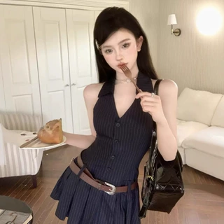 辣妹无袖v领挂脖条纹连衣裙女夏季百褶裙露背短裙纯欲辣妹a字裙子