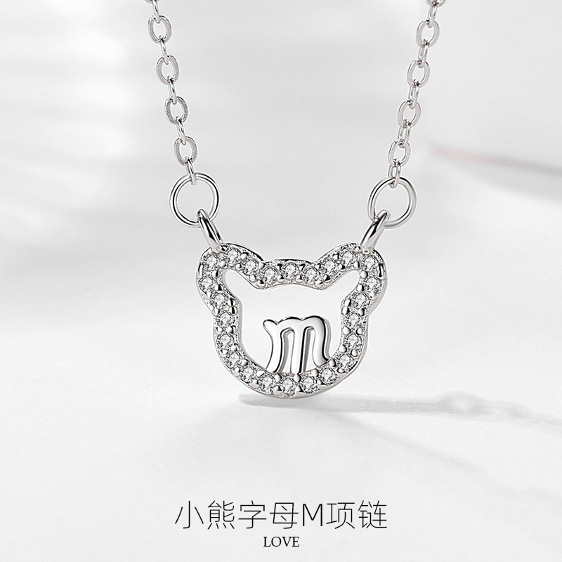 Lindo diamante oso s925 collar de plata esterlina para mujer estilo coreano ins estilo clavícula cadena letra M diseño sentido japonés y estilo coreano