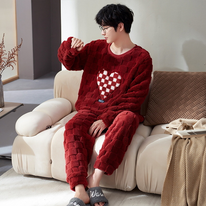 Pijamas de hombre Otoño e Invierno de los hombres de lana de coral de franela de invierno de la boda roja ropa para el hogar invierno