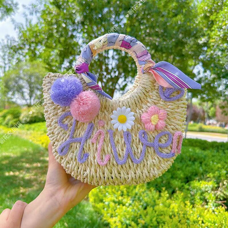 母の日毛玉レターストローバッグ DIY 素材バッグハンドバッグ夏休み織バッグ女性の花バッグ|undefined