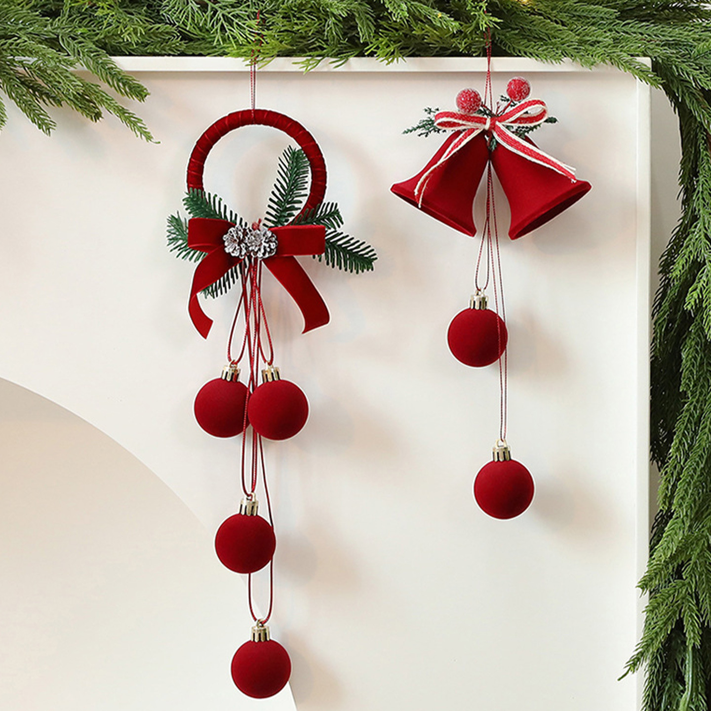 Nordic Flocked Christmas Bell Decorations – Festive Holiday Ornaments With Bows, Jingle Bells & Flocked Details (6 Styles)_voghion.com