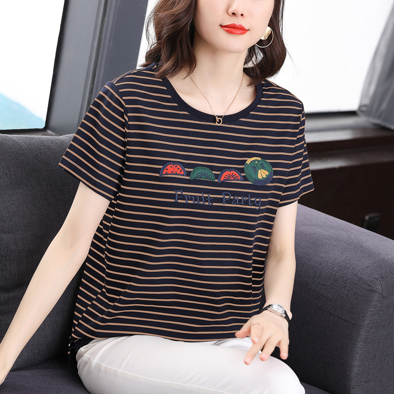 Cotton Black Striped Short-sleeved T-shirt Women's Half-sleeved Loose Large Size Summer 2022 New Embroidered T-shirt Top