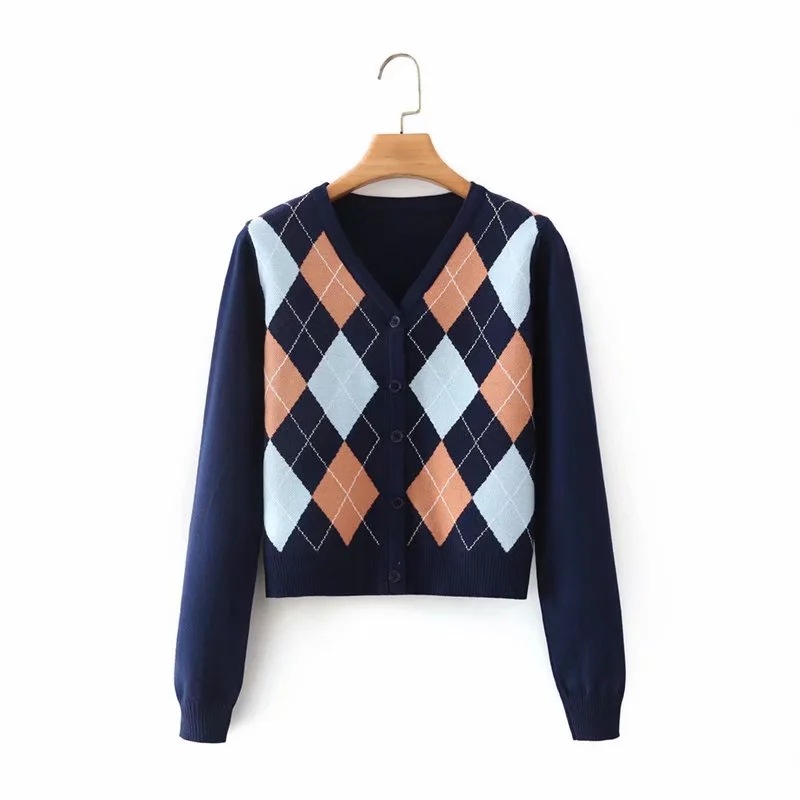 lattice contrast color V-neck sweater NSAC41399