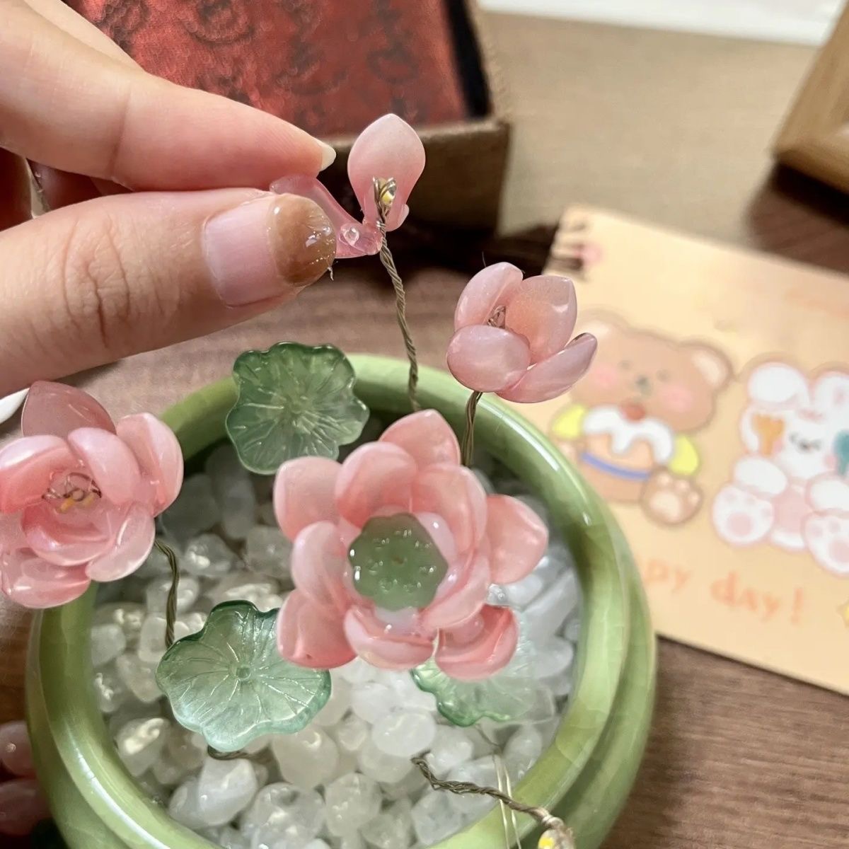 Lámpara de noche de loto de vidrio de vasija DIY material de loto paquete de adornos de cumpleaños de la niña Día de San Valentín nueva luz de atmósfera china