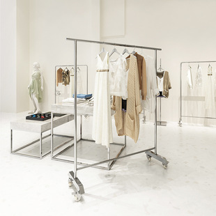 Clothing Store Display Rack Stainless Steel Brushed Floor Clothes Hanging Rack with Wheels Movable Display Shelf Clothes Shelf