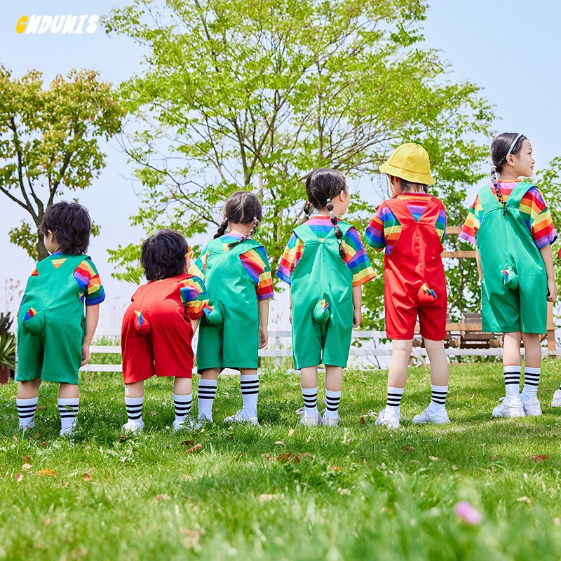 어린이 치어 리더 의상 귀여운 공룡 작업복 정장 소년 소녀 그룹 졸업식 교복 유치원 여름
