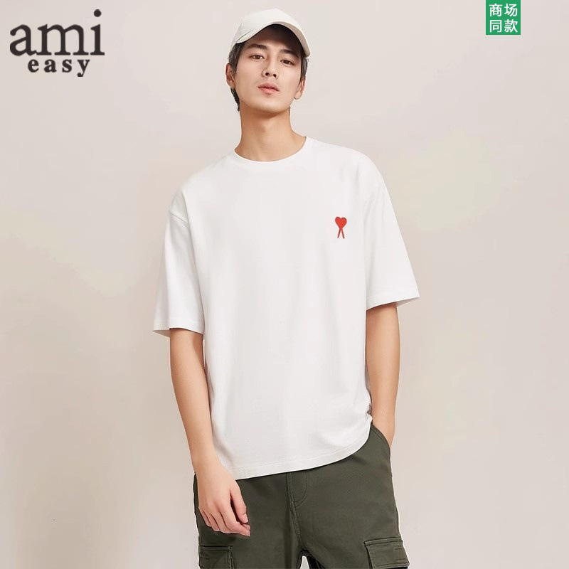 Ami&Easy Small Heart Embroidered T-Shirt Short-Sleeved Men's Loose Shoulder Sleeves Summer Trendy Fashion Short-Sleeved Tops T-Shirt