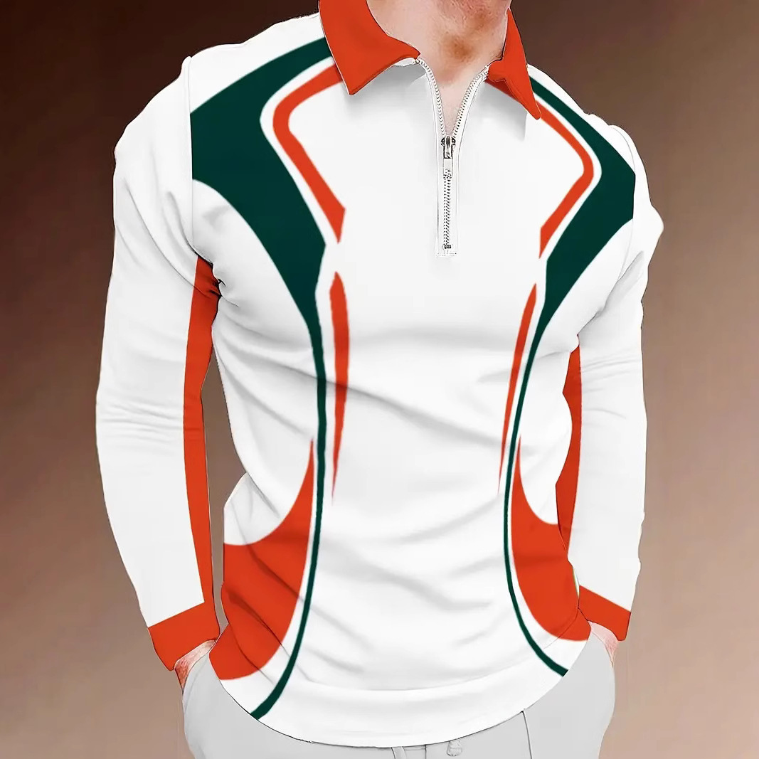 Amazon Independent Station Comercio exterior Nuevo casual Todo-fósforo geométrico solapa manga larga cremallera POLO camisa MB14