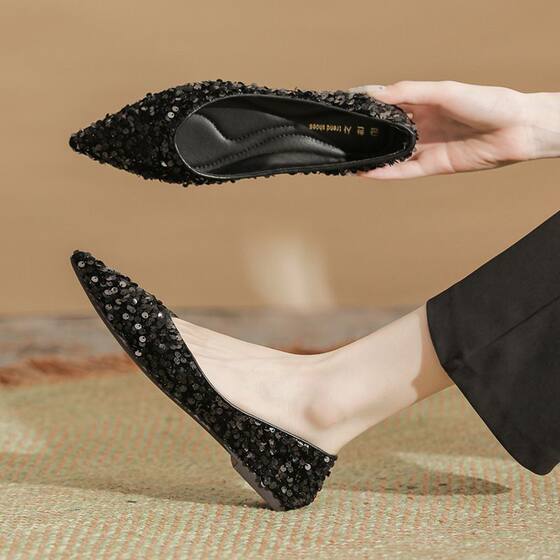 2024 Black Pointed Toe Single-layer Shoes All-match Soft Bottom Flat Heel New Fashion Sequin Korean Style Shallow Mouth Flat Shoes for Women