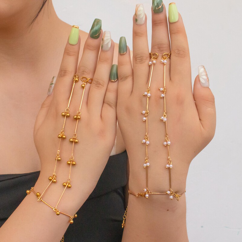 Retro Simple Gold Bead Butterfly Long Finger Chain Bracelet with Fine Chain, Round Beads, Pearls, and Tassels for Women