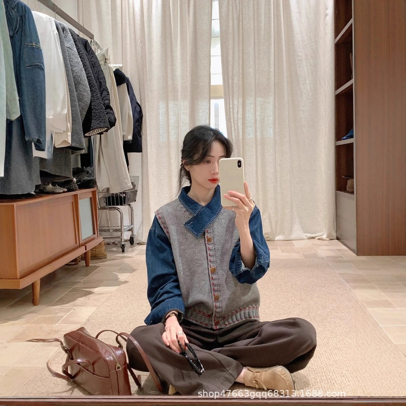 Blue Denim Shirt Top 2025 Spring & Fall New Style Spring French Style Shirt Layered Vest Shirt Women's Clothing