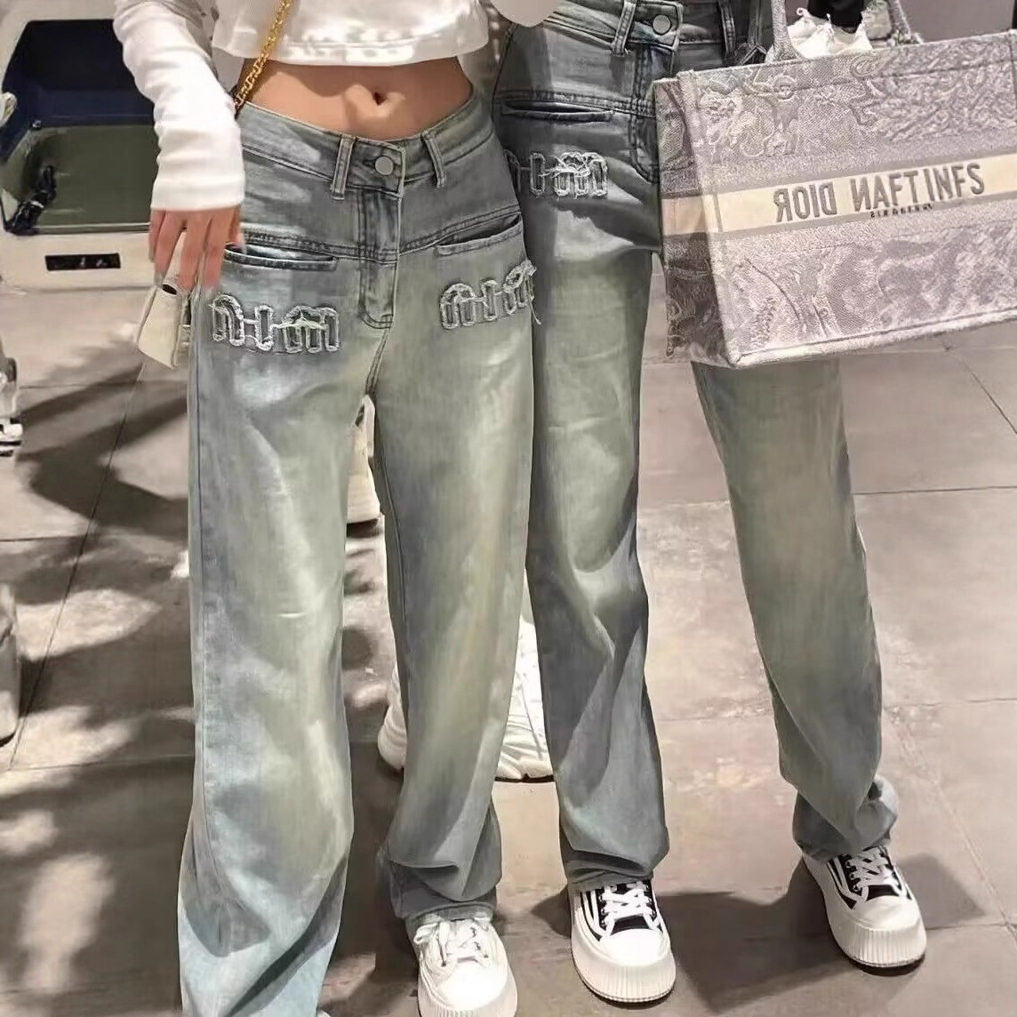 [Cross-border wholesale] American retro jeans women's spring and summer distressed washed high waist straight slimming wide leg pants