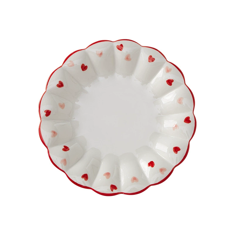 Ceramic tableware set, Chinese‑style capacious soup bowls and plates, red heart rim, multiple sizes