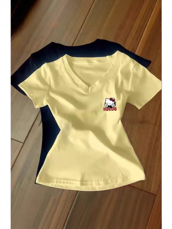 カレッジスタイルドーパミンイエローショルダー半袖レディース夏ウエストデザインkt猫スリムTシャツショートトップ|undefined
