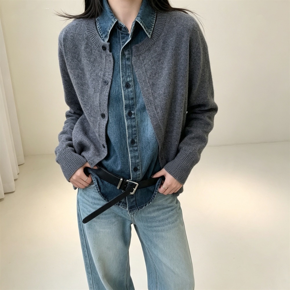 26假两件牛仔拼接针织长袖开衫女翻领纽扣毛衣外套休闲风针织开衫