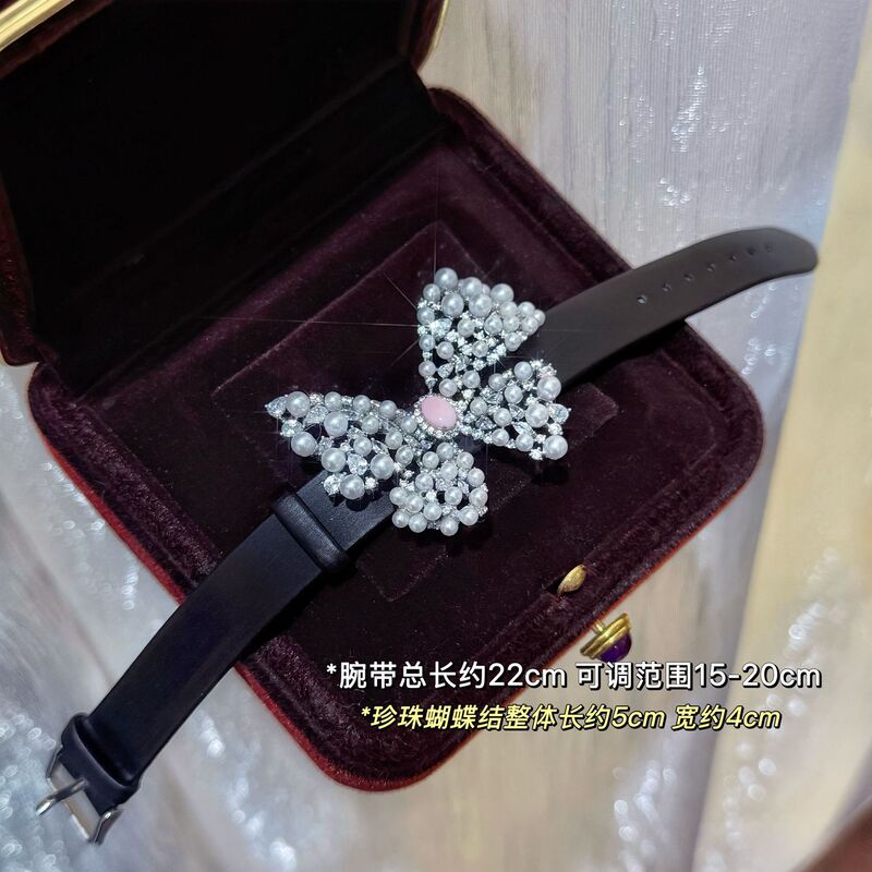 丝带蝴蝶结拉丝牛皮质感天然淡水ak圆珍珠手表腕带多戴款时尚首饰|undefined