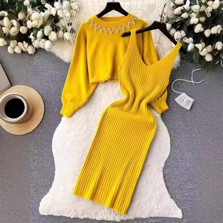 Women's Clothing temperament celebrity beaded high waist two piece sweater dress 2024 autumn and winter new knitted sweater suspender dress_voghion.com