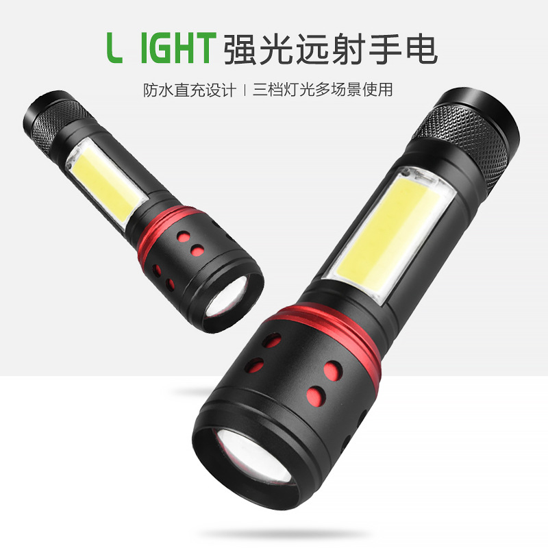 USB recargable linterna de aleación de aluminio iluminación de emergencia al aire libre nuevo LED fuerte zoom de luz fuerte proyector remoto