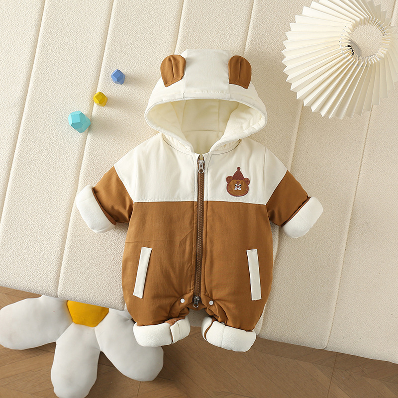 Nuevo bebé bebé de una pieza más chaqueta de terciopelo más algodón traje de salida para hombres y mujeres bebé invierno grueso con capucha traje