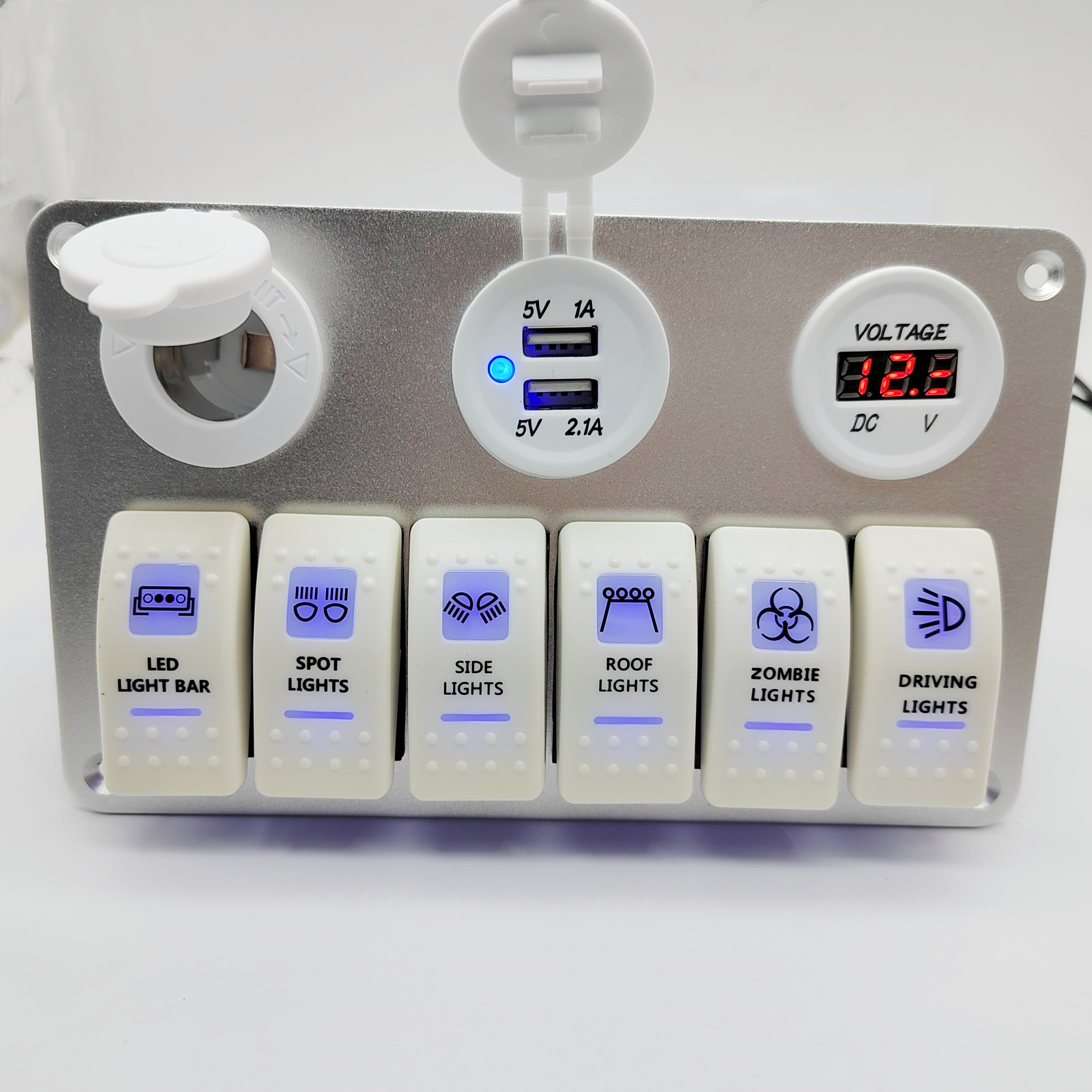 汽车改装6位3孔塑胶开船形摇臂开关面板 电压表双USB电源插座蓝灯