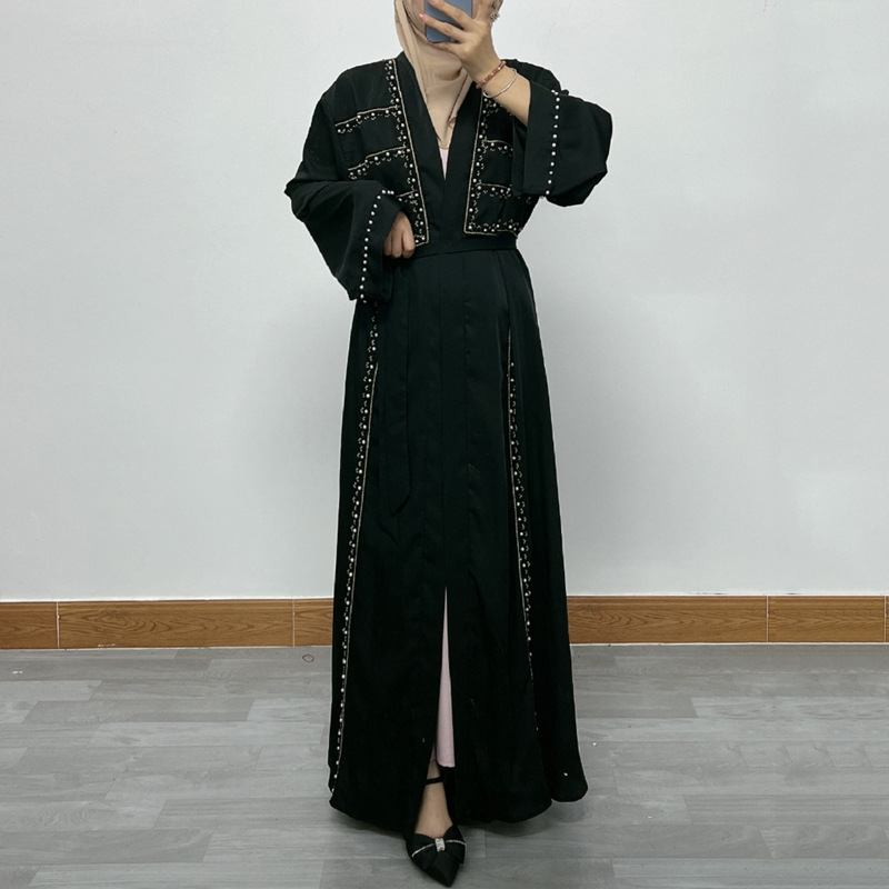 F332 Cross-Border Foreign Trade Women's Long Dress Middle East Dubai Embroidered Lace Pearl Beaded Cardigan Robe In_ecoleips.com