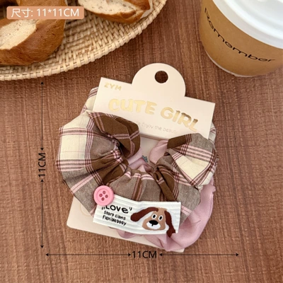 Saç üçün rezinlər Tie College Style Pattern Fabric - 3-milk-coffee-color-plaid-puppy-washed-hair-tie