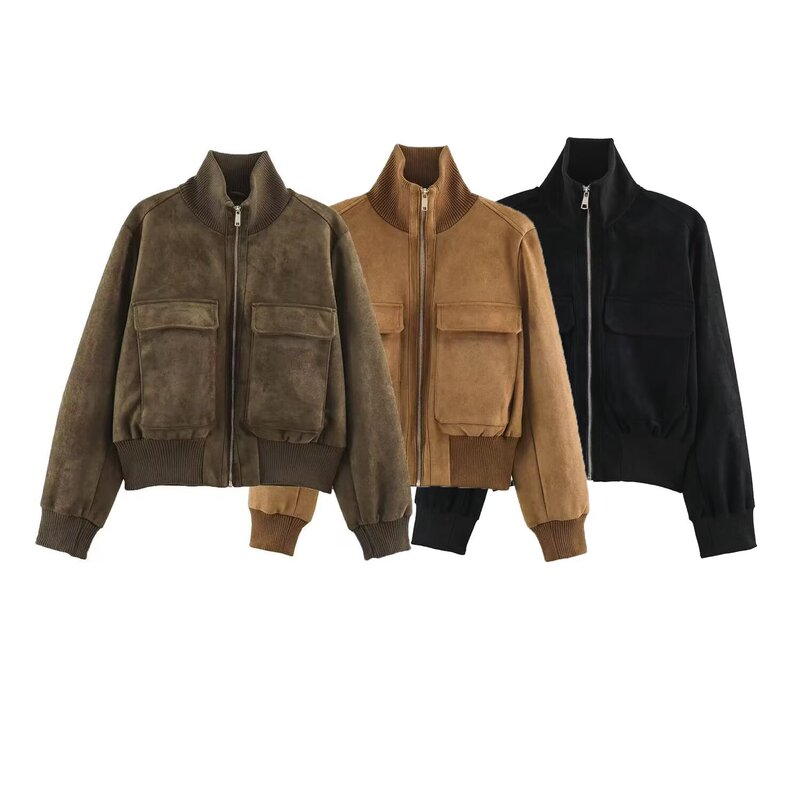 PB&ZA Women's Clothing 2026 Autumn New European and American Style Suede Textured Bomber Jacket 3046256