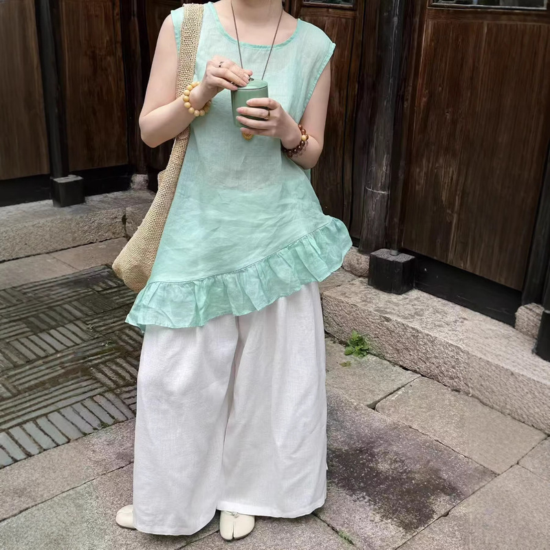 High-End Ramie Shirt Women's Vest 2026 New Spring and Summer Ruffled Sleeveless Top Super Stylish Thin Linen Blouse