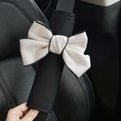 Bow Extended Anti-strangle Pair Internet | Seat belt shoulder pad - linen-shoulder-pads-white-with-black-edges