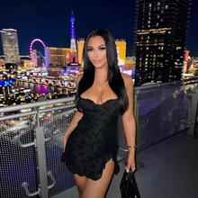 亚马逊爆款夏季挂脖性感包臀裙法式花边侧开叉蕾丝迷你挂脖连衣裙