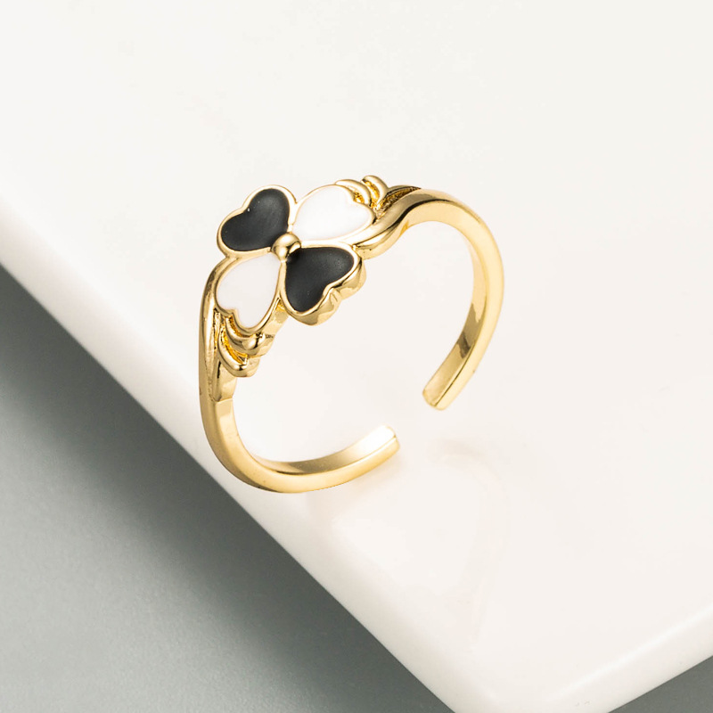 Korean Heart-shaped Four-leaf Clover Copper Gold-plated Oil Drop Ring display picture 4