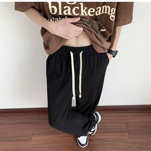 Hanging brown ice silk pants, men's thin American summer casual pants, high street fashion brand loose straight wide-leg pants