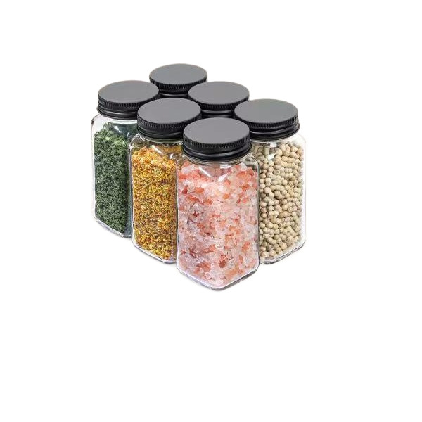 Transfronterizos transparentes cuadrados negros de aluminio botella de condimento de vidrio set 12 piezas set cocina almacenamiento condimento frasco