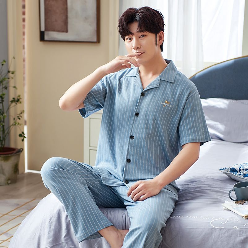 Pijamas pantalones de manga corta para hombres algodón verano delgado cardigan solapa ropa para el hogar más traje de tamaño