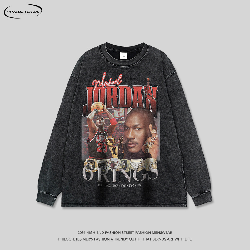 European and American Fashion Hip Hop Stars Direct Injection Printing Street oversize Couples Long Sleeve Base T-shirt Men's and Women's Top