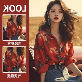 夏季新品轻熟上衣2026新款女秋季法式小众设计感红色印花衬衫